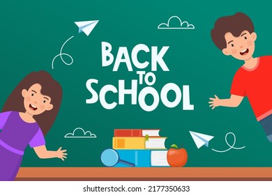 Back to school poster, banner. Lettering Back to school inscription with clouds and paper airplanes flying around, drawn with chalk on a green board. Happy kids. Vector