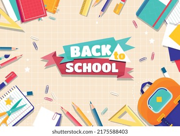 Back to school. Poster or banner with pencils and briefcase, school supplies. September 1 and beginning of school year. Discounts, sales and special holiday offer. Cartoon flat vector illustration