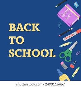 Back to school poster, banner, post in social media, background or greetings with colorful educational or school stationary on dark background. Vector hand drawn typographic composition.