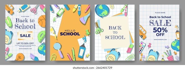 Póster de regreso a la escuela o Plantilla de Anuncio en estilo plano moderno de moda. Fondo de Ilustración vectorial para la venta, Web, tarjeta, folleto con útiles escolares. Educación Arte Diseño de portada y tinta.