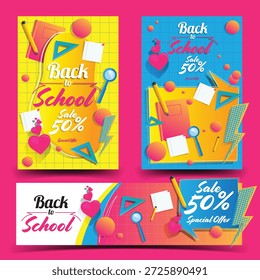 back to school poster banner template background for kids and student,stationery education in 2d illustration rendering