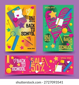 back to school poster banner template background para crianças e alunos, papelaria educação em 2d ilustração renderização