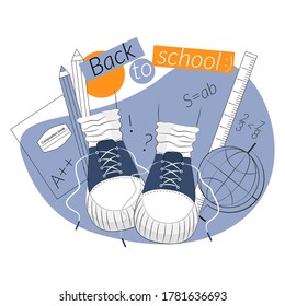 Back to school poster, banner with two feet in sneakers vector illustration.