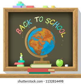 Back to School poster. Blackboard with color chalk text around globe, pile of books on desk. Cartoon flat vector illustration isolated on white background.