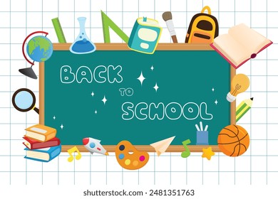 back to school poster blackborde on white paper grid illustration design