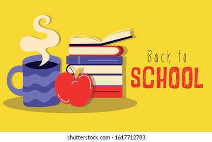back to school poster with books and apple vector illustration design