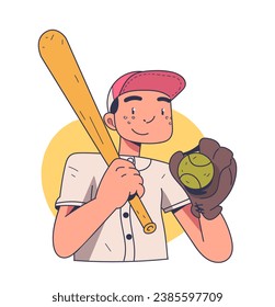 Back to school poster. Boy with bat and baseball. Education, learning and training. Athlete and sportsman schooler. Template and layout. Cartoon flat vector illustration isolated on white background