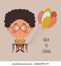 a "Back to School" poster, boy wearing glasses sits at a desk with a bunch of balloons