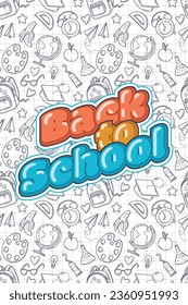Back to school poster. Bright text on background of seamless pattern in doodle style