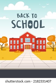 Back to school poster with building and lettering. Cartoon autumn banner with school exterior and text.