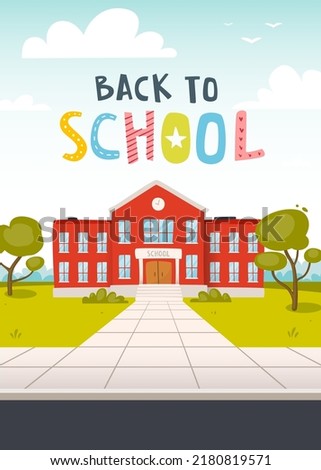 Back to school poster with building and lettering. Cartoon banner with school exterior and text.