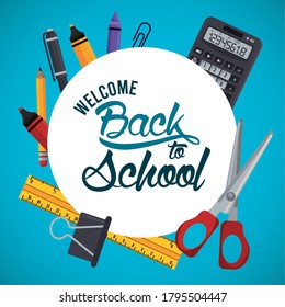 back to school poster with calculator and supplies circular frame vector illustration design