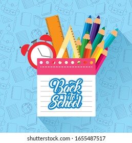 zurück zum Schulposter mit Kalender und liefert Vektorillustration-Illustration-Design