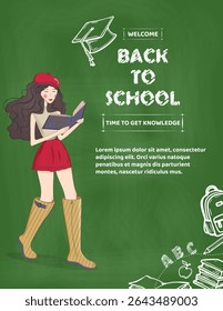 Back to school poster with chalkboard background, student character, and welcome text, great for school ads, flyers, or classroom decor. Vector art