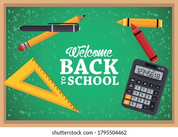 back to school poster with chalkboard and calculator vector illustration design