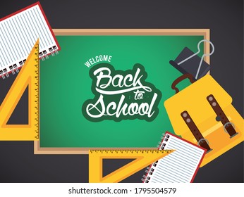 back to school poster with chalkboard and schoolbag vector illustration design