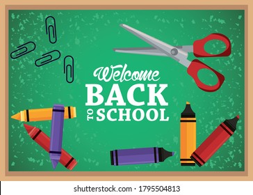 back to school poster with chalkboard and scissors vector illustration design
