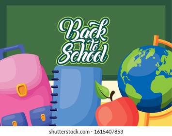 back to school poster with chalkboard and supplies vector illustration design