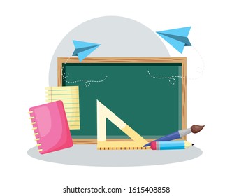 back to school poster with chalkboard and supplies vector illustration design
