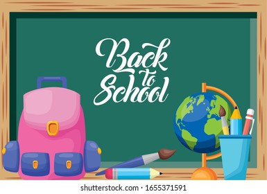 back to school poster with chalkboard and supplies vector illustration design