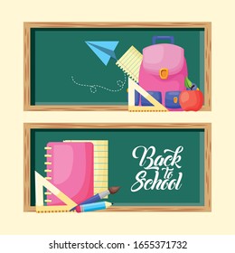 back to school poster with chalkboard and supplies vector illustration design