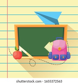 back to school poster with chalkboard and supplies vector illustration design