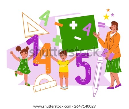 Back to school poster with children and teacher, cartoon vector illustration isolated on white background.  Banner or poster template for school.