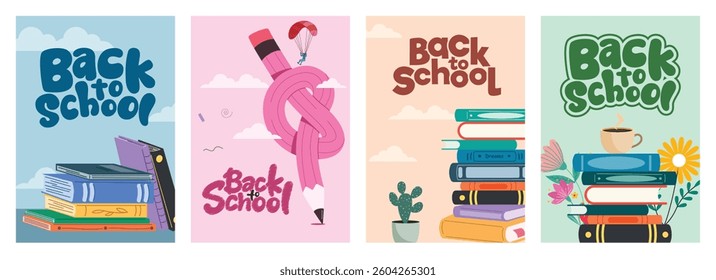 Back to school poster clipart set. School educational drawing cards clip art with books and pencil elements for banner and template collection vector illustration. 
