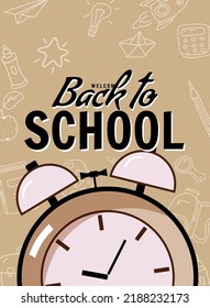 Back to school poster clock alarm clock, retro. Background template