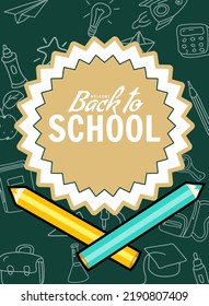 Back to school poster clock alarm clock, retro. Sale Background template icons accessories