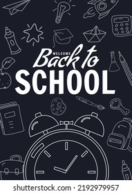De vuelta al reloj despertador de afiches de la escuela, retro. Plantilla de fondo