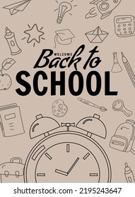 Back to school poster clock alarm clock, retro. Sale Background template icons accessories