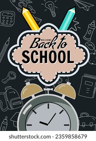 Back to school poster clock alarm clock, retro. Background template