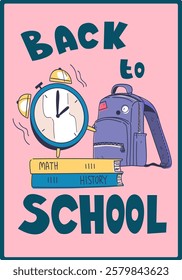 Back to school poster. Clocks, backpack and stack of textbooks. Education, training and learning. 1 September holiday and festival. Template and layout. Linear vector illustration