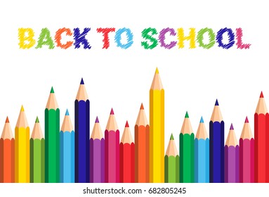 Back To School Poster Colorful Crayons Pencils On White Background Flat Vector Illustration