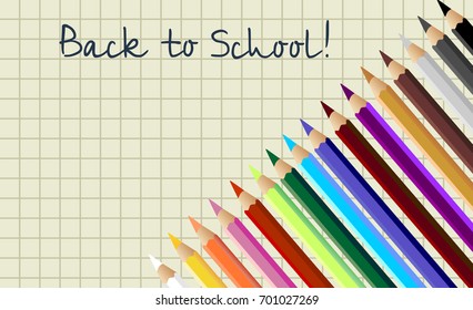 Back To School Poster Colorful Crayons Pencils On Squared Notebook Background Flat Vector Illustration