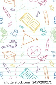 Back to school. School poster with colorful doodles drawn with pencils on a sheet of notebook. Bright poster with school supplies in doodle style. Sheet of checkered notebook. Vertical banner