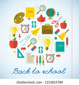 Back to school poster with colorful flat supplies and objects on paper sheet vector illustration