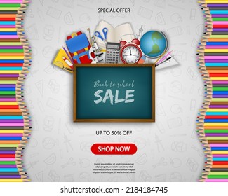 back to school poster with colorful pencils and realistic school supplies