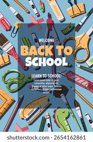 De volta à escola. Banner de papel de carta colorido em design plano. Histórico vibrante de materiais escolares para educação, publicidade, venda. Modelo vetorial para escola, lojas, mídias sociais