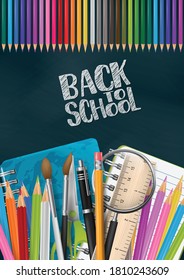 Back to school poster with colorful supplies - coloring pencils, pen, brushes, markers, ring notebooks, crayons. Blue textured chalkboard flyer background. Realistic vector illustration.