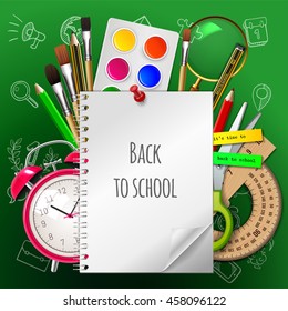 Back to school poster, colorful school supplies: copybook, paint, watercolor, brush, pencil, ruler, alarm clock, scissors on the  green background. Vector illustration. EPS 10