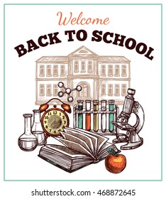 Back to school poster with colorful tools for studying and school in the background with blue frame sketch hand drawn vector illustration