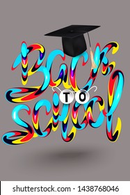 Back to school poster with colorful volume letters and student accessoires. Vector illustration
