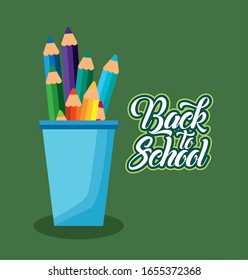 volver al afiche escolar con lápices de colores portador ilustración vectorial diseño
