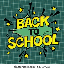 Back to school poster. Comic retro yellow alphabet. Halftone background and decorative elements. 
