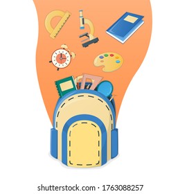 Back to school poster concept, supplies for study in college and institute isolated on white, cartoon vector illustration. Backpack with alarm, textbook globe and microscope items.