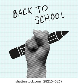 Back to School poster cover design. Modern Halftone effect hand with abstract black pencil and hand drawn scribble message. Back to School poster on checkered School notebook page background. Vector illustration. EPS 10