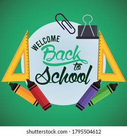 afiche de regreso a la escuela con crayones y suministros de diseño gráfico circular de cuadro vectorial