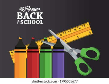 back to school poster with crayons and supplies vector illustration design